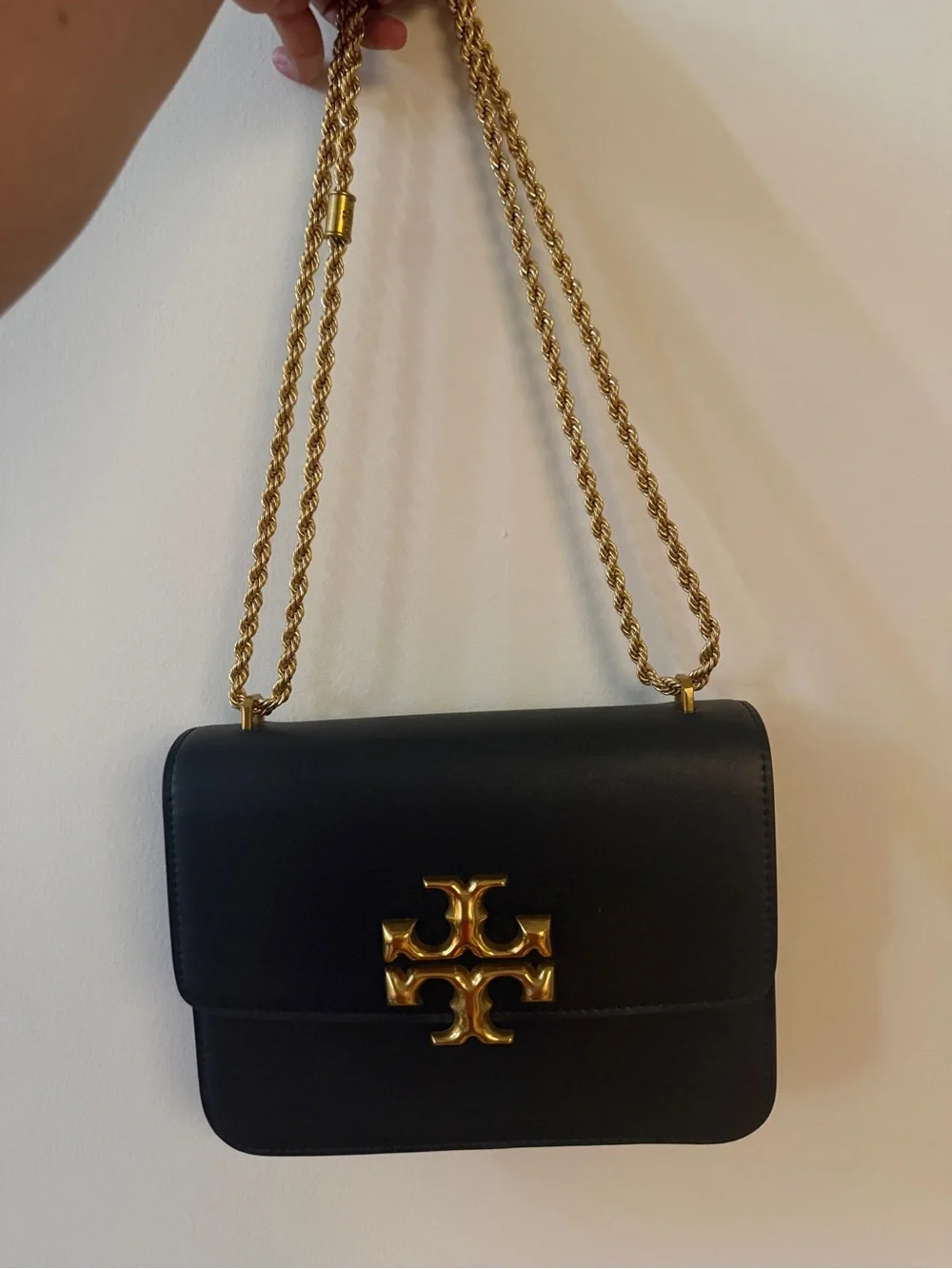Tory Burch Black Leather Chain Shoulder Bag with Gold Logo